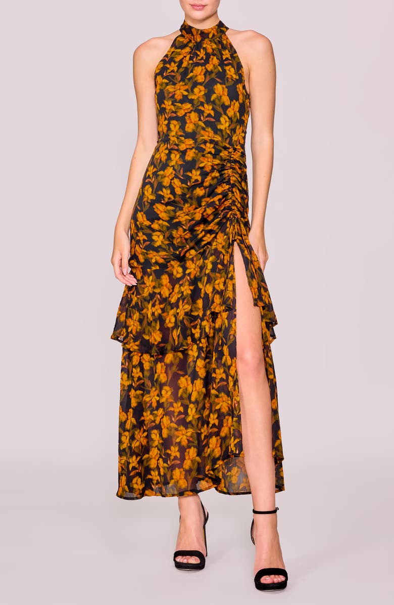 MELLODAY Floral Print Shirred Sleeveless Dress, Main, color, Black Orange Floral