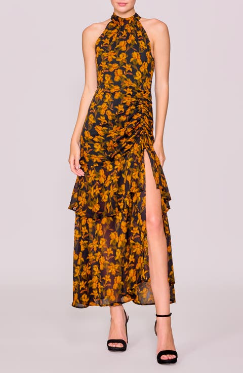 Floral Print Shirred Sleeveless Dress
