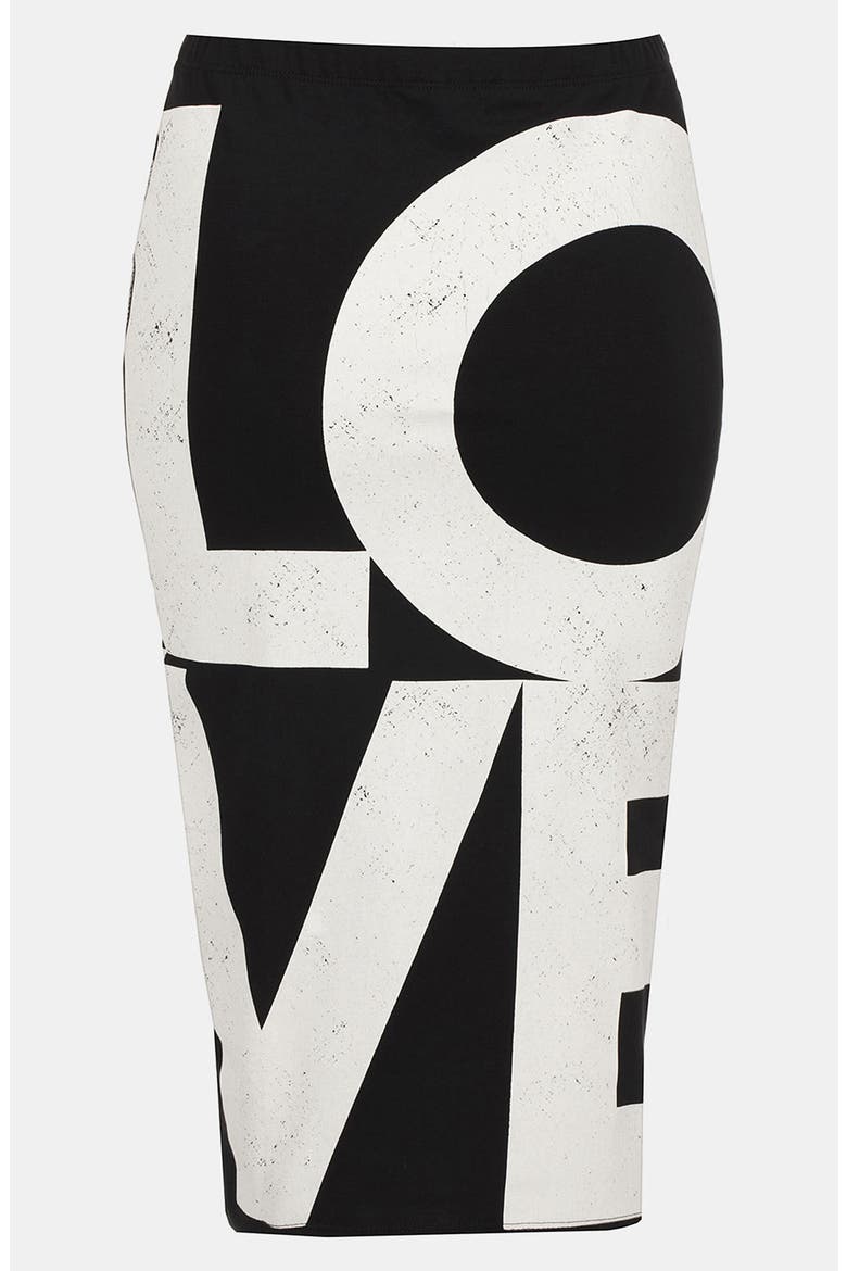 'Love' Print Midi Skirt, Alternate, color, BLACK
