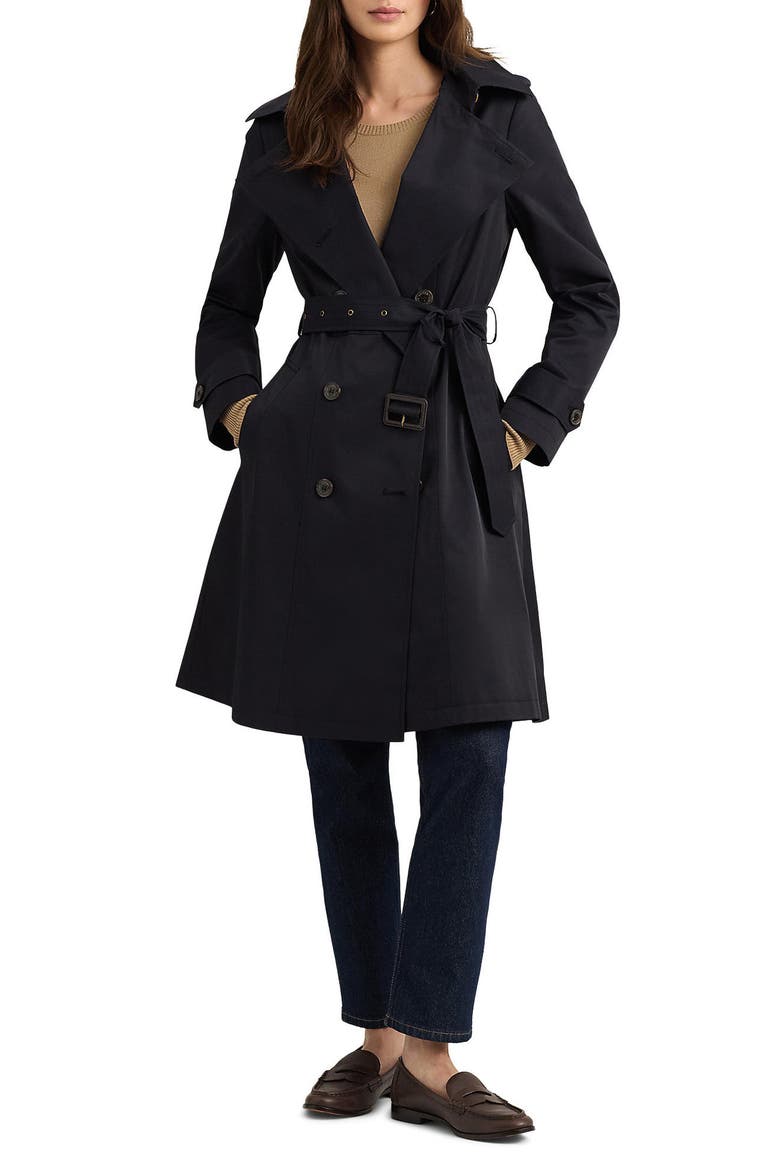 Water Resistant Belted Double Breasted Trench Coat, Main, color, DARK NAVY