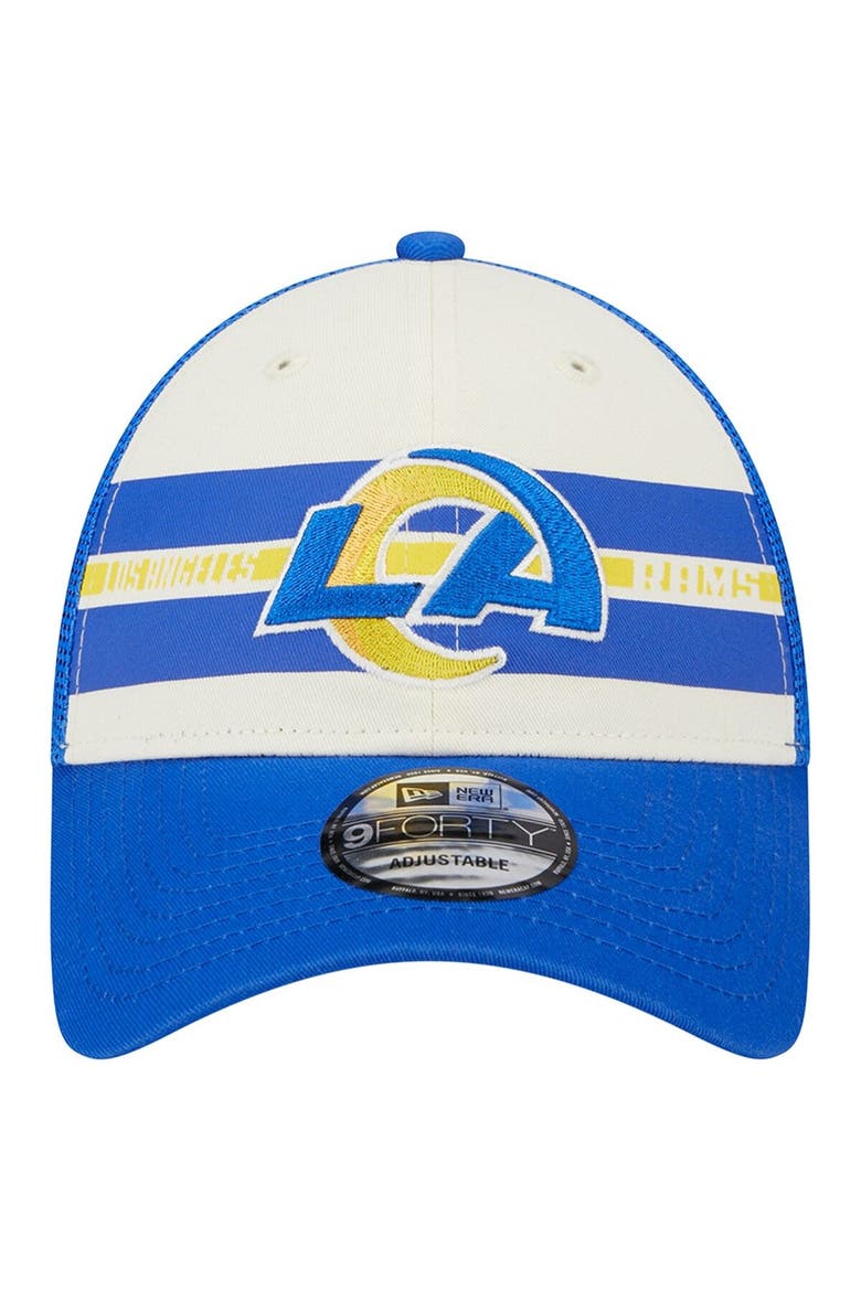 Men's New Era Cream/Royal Los Angeles Rams Team Stripe Trucker 9FORTY Snapback Hat, Alternate, color, Cream