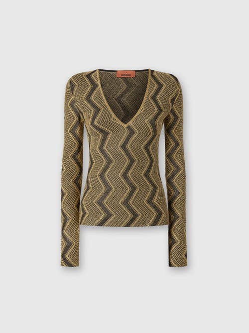 Shop Missoni V-neck Sweater In Lamé Zig Zag Viscose In Black & Gold