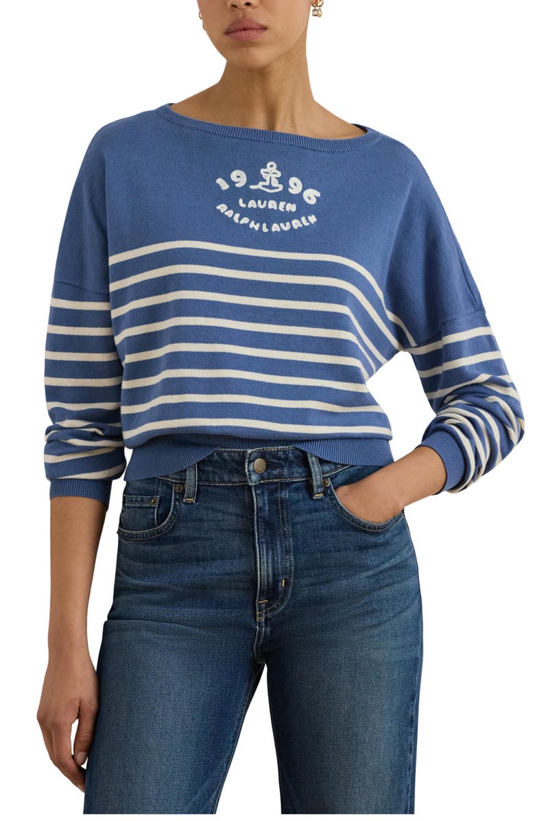 Lauren Ralph Lauren Striped Combed Cotton Boat Neck Sweater, Main, color, Carson Blue/ Cream