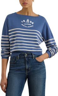 Lauren Ralph Lauren Striped Combed Cotton Boat Neck Sweater