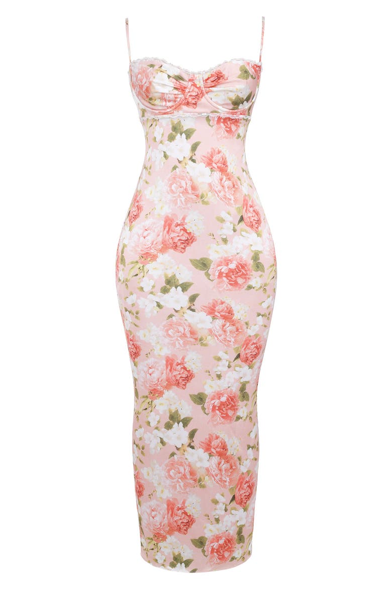 Josefina Floral Bustier Bodice Stretch Satin Body-Con Dress, Alternate, color, PEONY PRINT