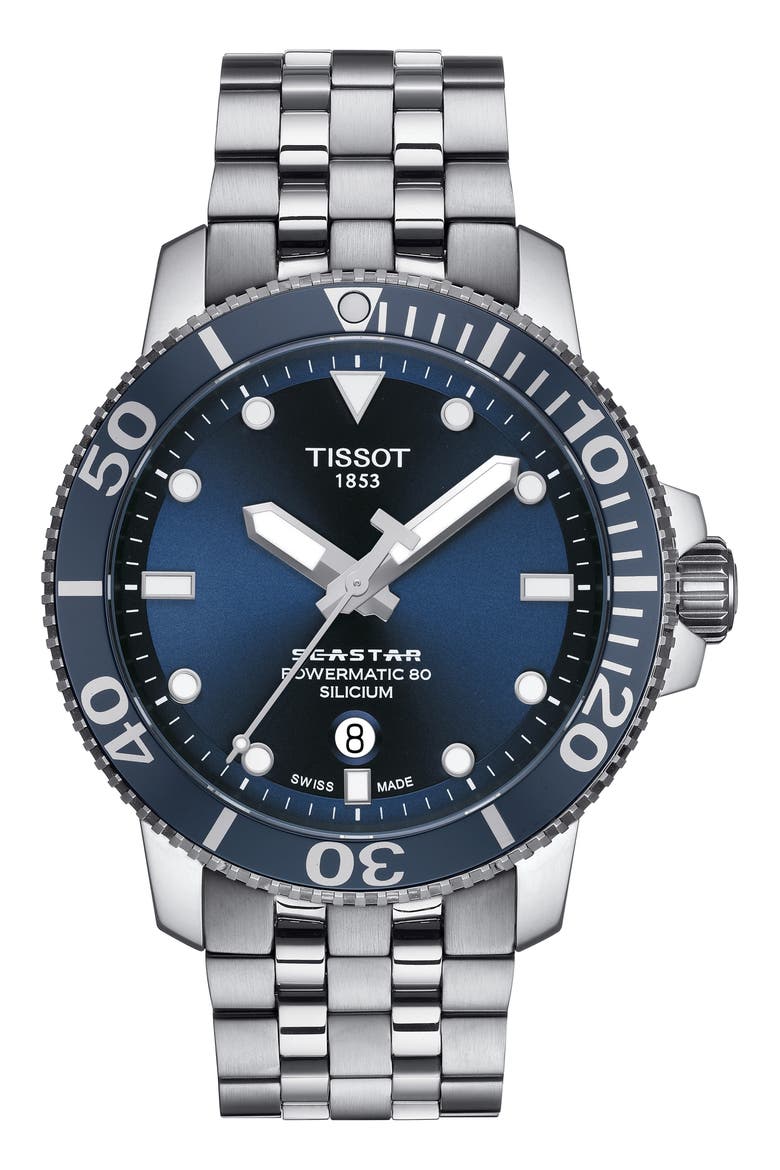 Seastar 1000 Powermatic 80 Bracelet Watch, 43mm, Main, color, SILVER/ BLUE