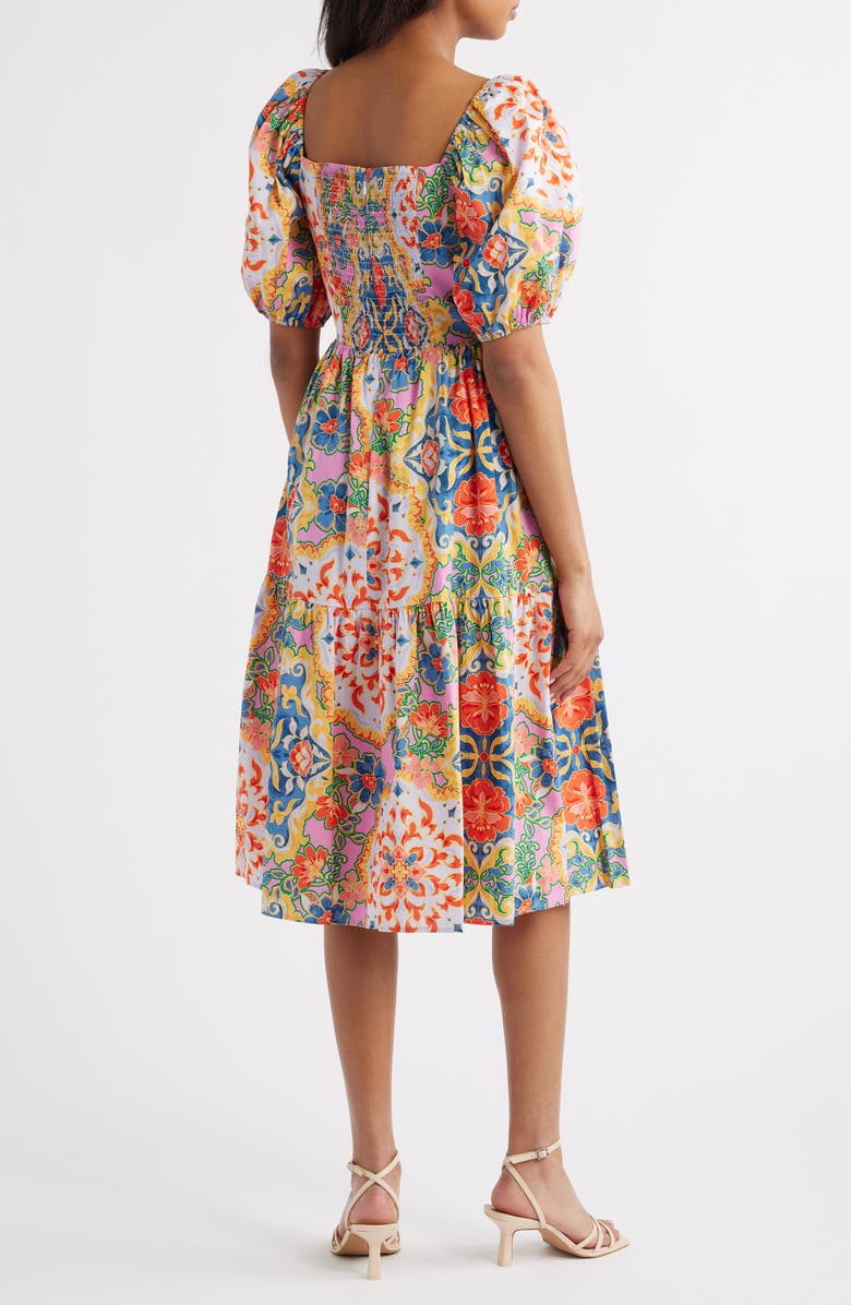 Vince Camuto Print Square Neck Puff Sleeve Midi Dress, Alternate, color, Blue Multi