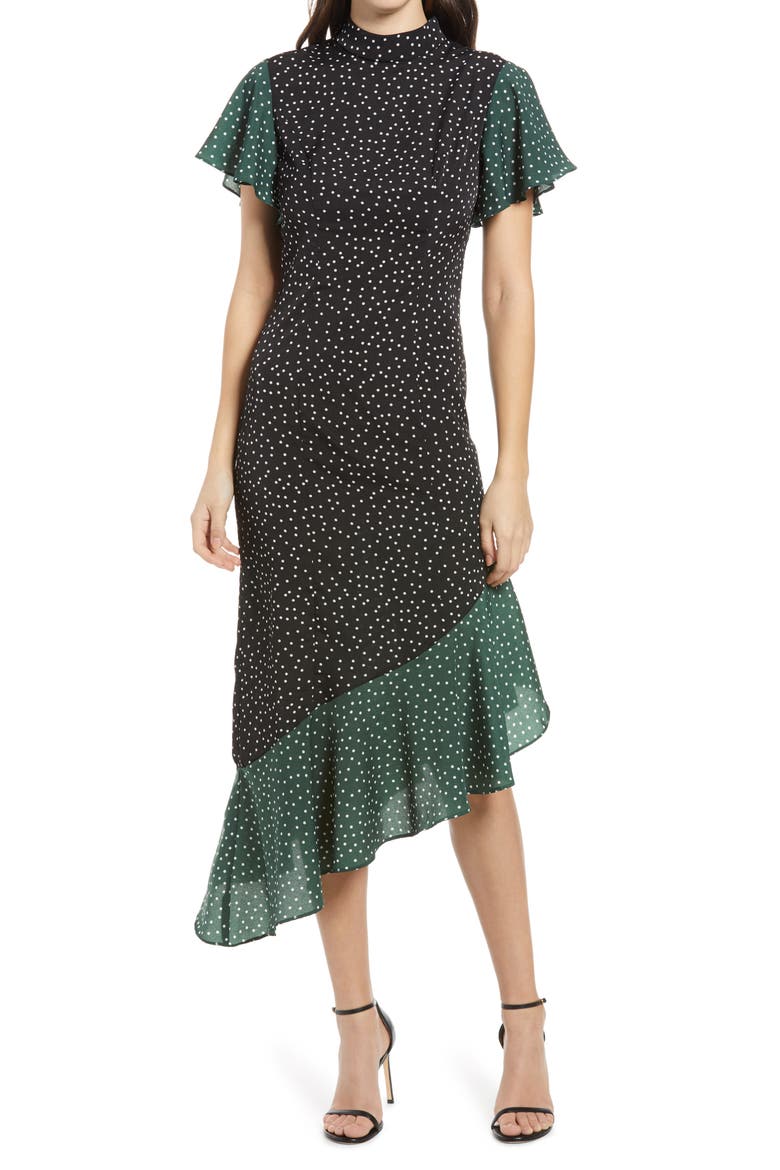 Moira Mock Neck Asymmetrical Hem Dress, Main, color, MULTI