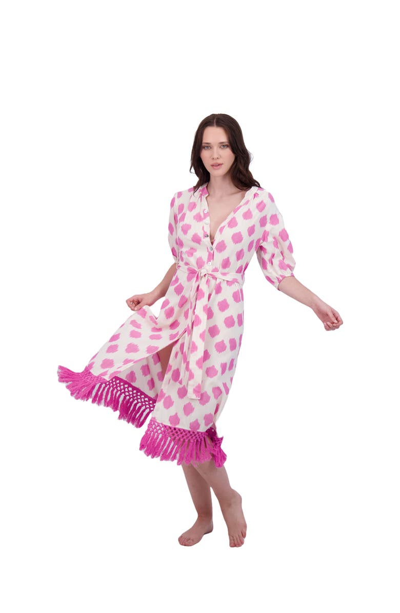 Mer St. Barth Estelle Women's Fringed Shirtdress White Pink Ikat, Alternate, color, Pink