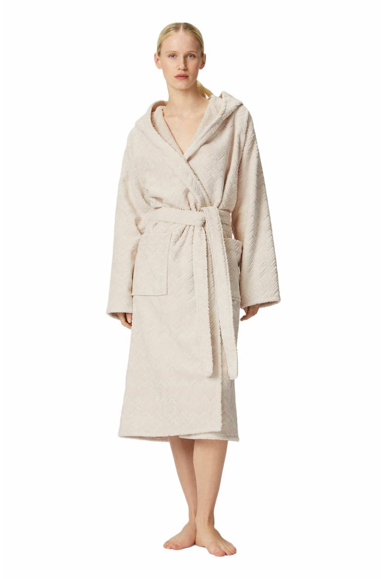 Chalk Bathrobe In Cotton Terry With Zigzag Pattern, Alternate, color, Brown