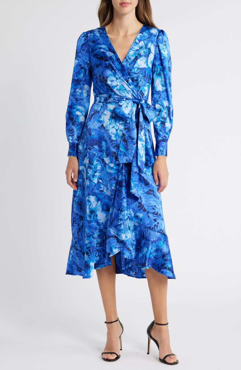 Tahari ASL Floral Ruffle Tie Waist Long Sleeve Midi Dress, Main, color,