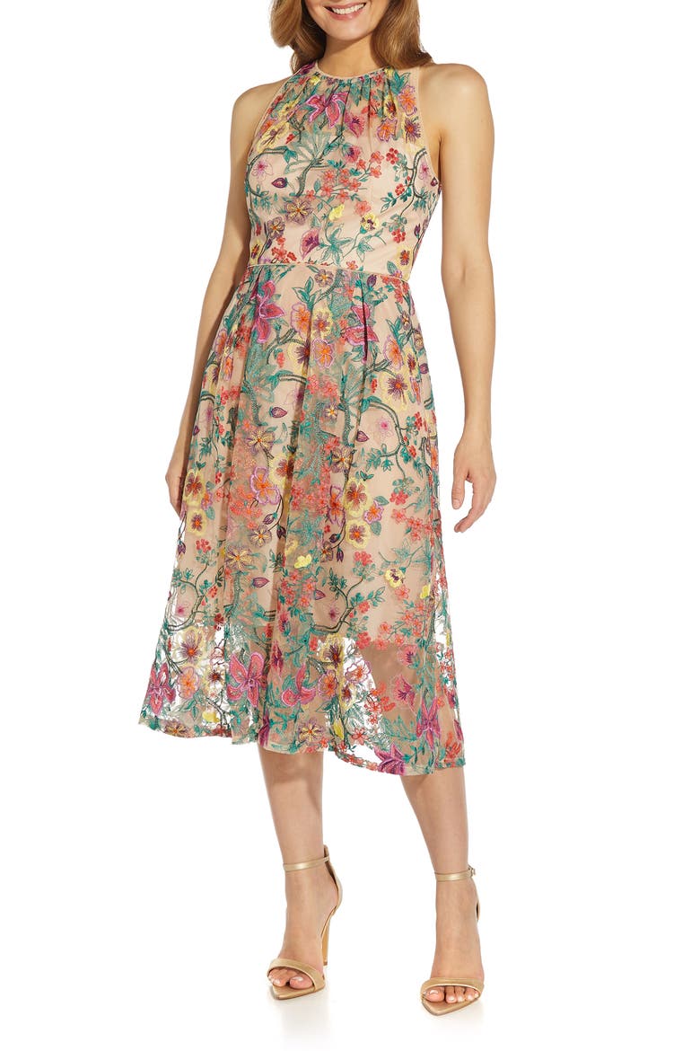 Floral Embroidered Fit & Flare Midi Dress, Main, color, BRIGHT ROSE MULTI