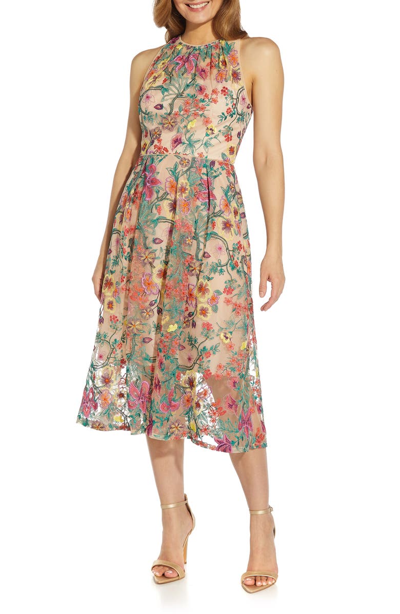 Adrianna Papell Floral Embroidered Fit & Flare Midi Dress, Main, color,