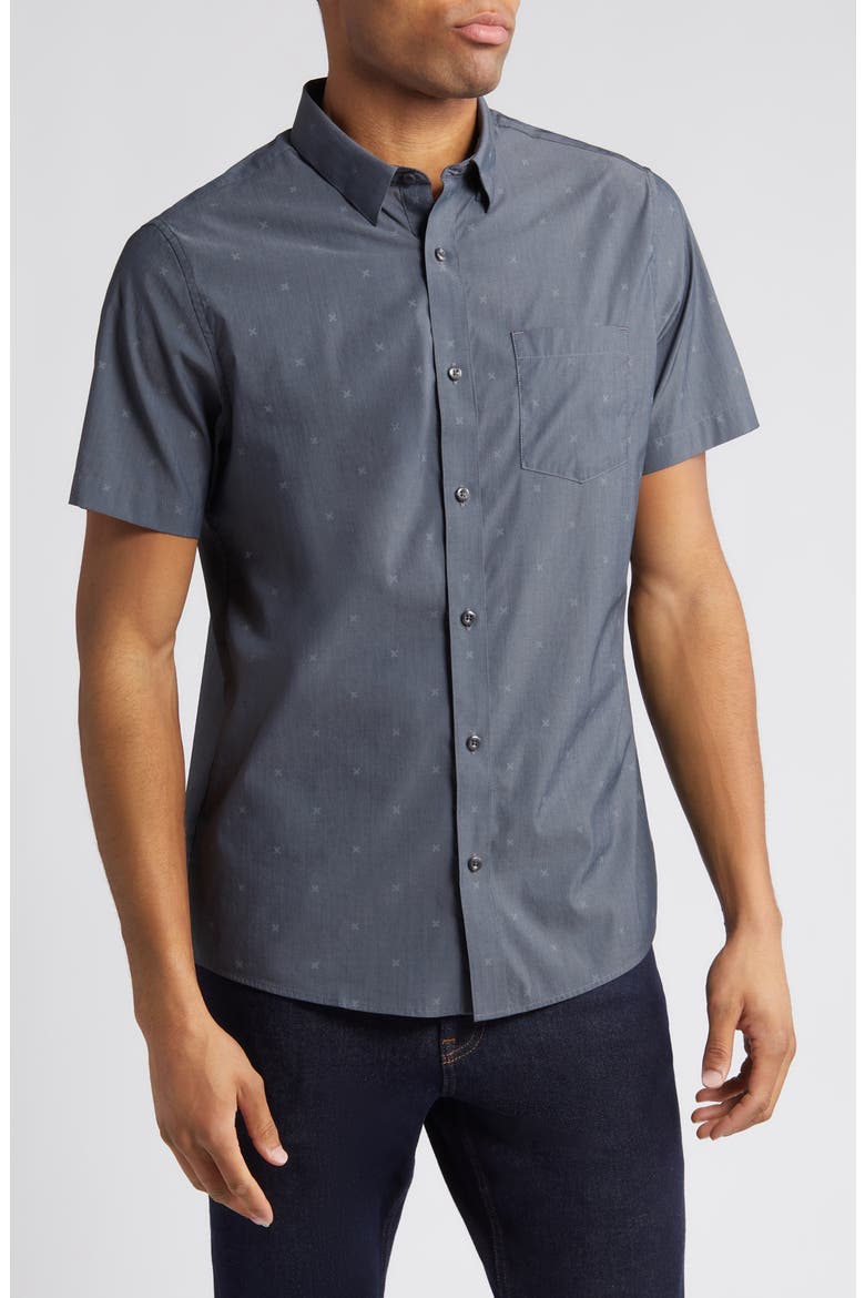 Across the Pond Geo Print Short Sleeve Stretch Button-Up Shirt, Main, color, HEATHER BLACK