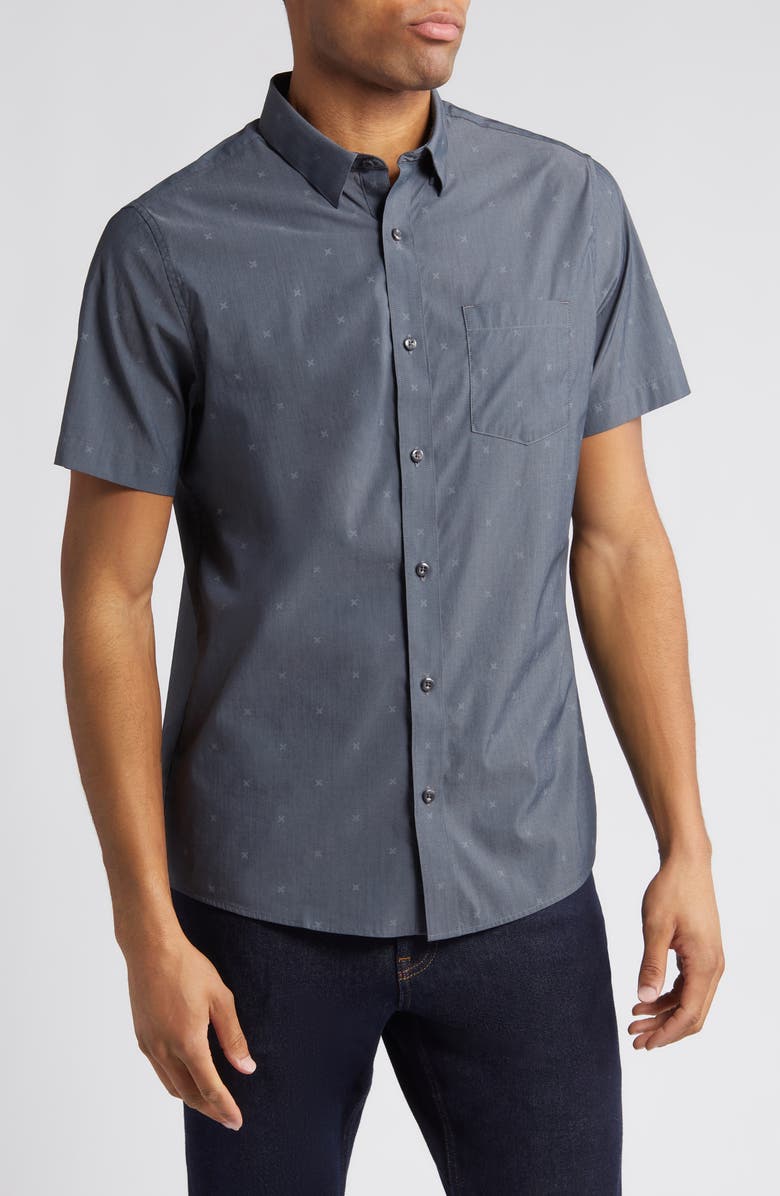 TravisMathew Across the Pond Geo Print Short Sleeve Stretch Button-Up Shirt, Main, color, Heather Black