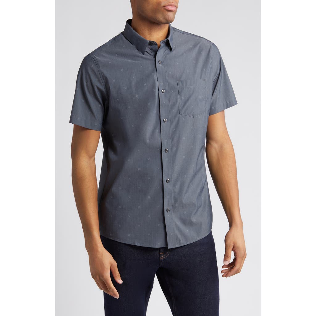 Travismathew Across The Pond Geo Print Short Sleeve Stretch Button-up Shirt In Heather Black