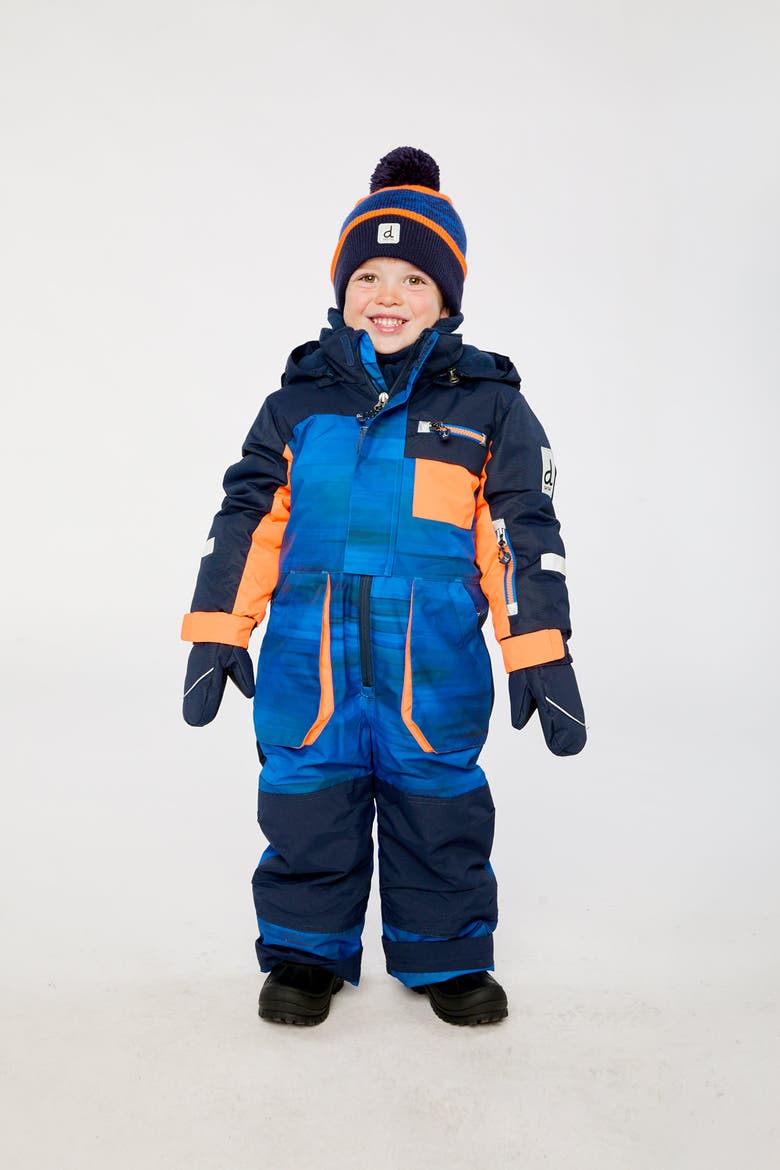 Play Striped Detachable Hood Fleece Neckwarmer One Piece Snowsuit, Alternate, color, Blue with Black Stripes