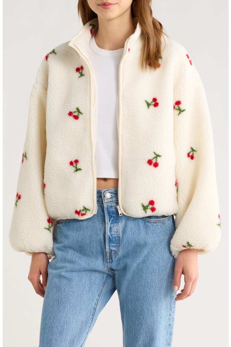 Cherry Print High Pile Fleece Jacket, Main, color, IVORY CHERRY