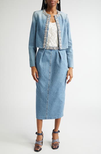 【Zimmermann】Ascension shirred denim midi skirt Ascension Shirred Denim Skirt Ice Storm Online | Zimmermann
