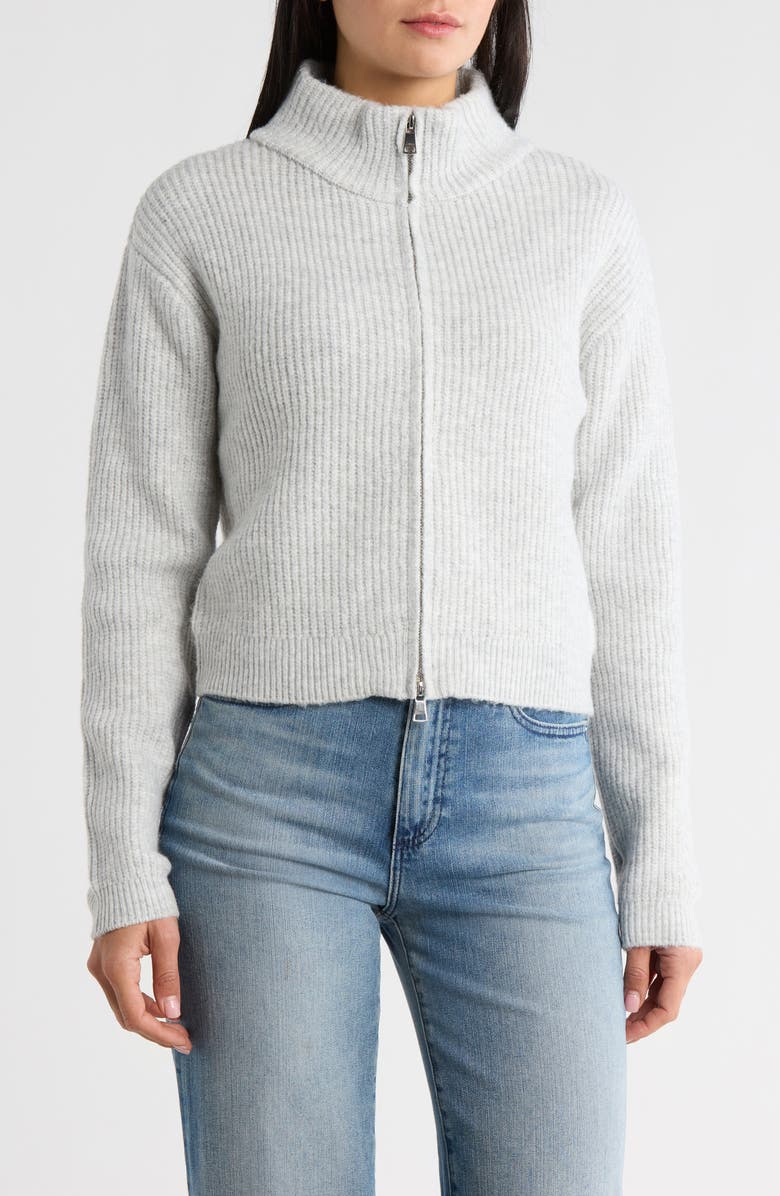 Madden Girl Mock Neck Zip Front Crop Cardigan, Main, color, Light Grey Heather