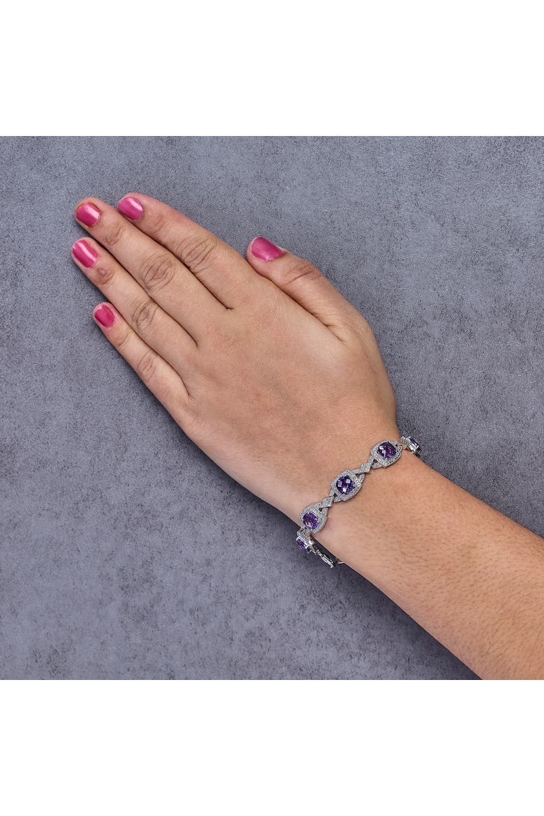 Sterling Silver Cushion-Cut Purple Amethyst & Diamond Vintage Halo Link Bracelet, Alternate, color, Silver