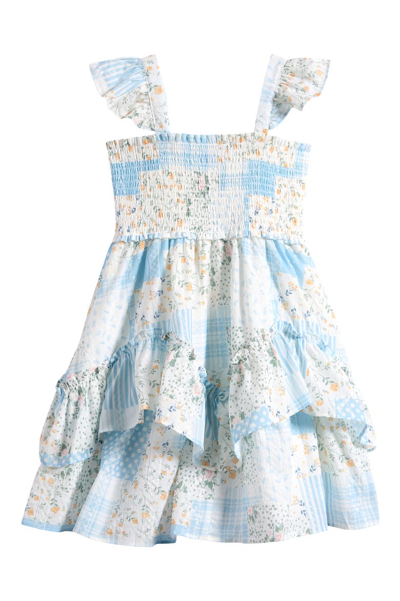 Kids' Flutter Sleeve Patchwork Print Smocked Bodice Party Dress, Alternate, color, BLUE IVORY