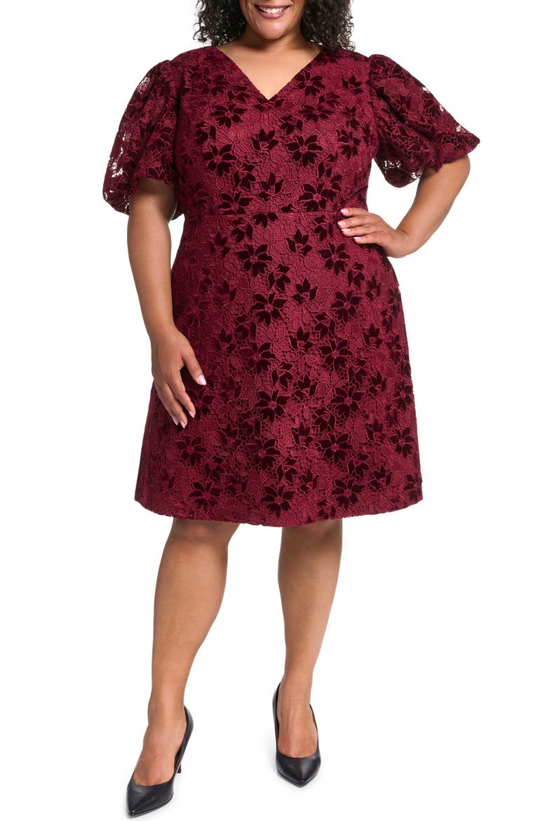 Lace & Velvet A-Line Dress, Main, color, WINE