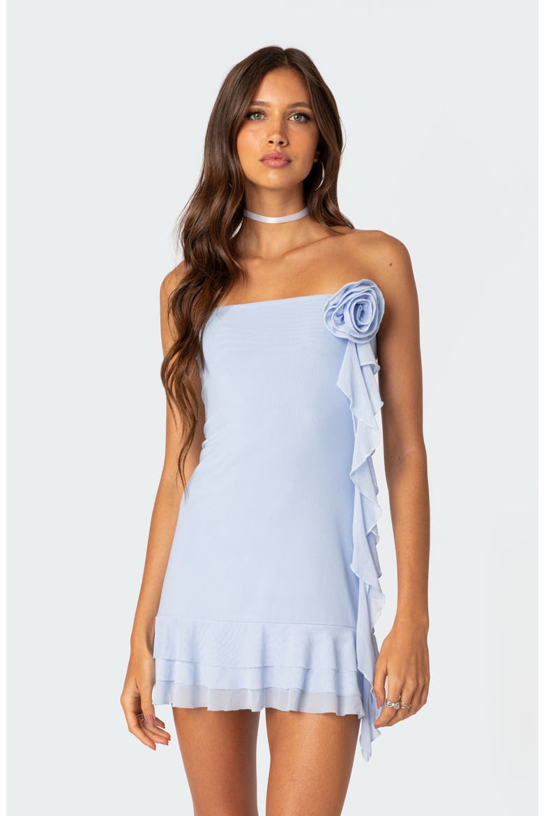 Thalia Strapless Minidress with Removable Rosette Ruffle, Alternate, color, BLUE