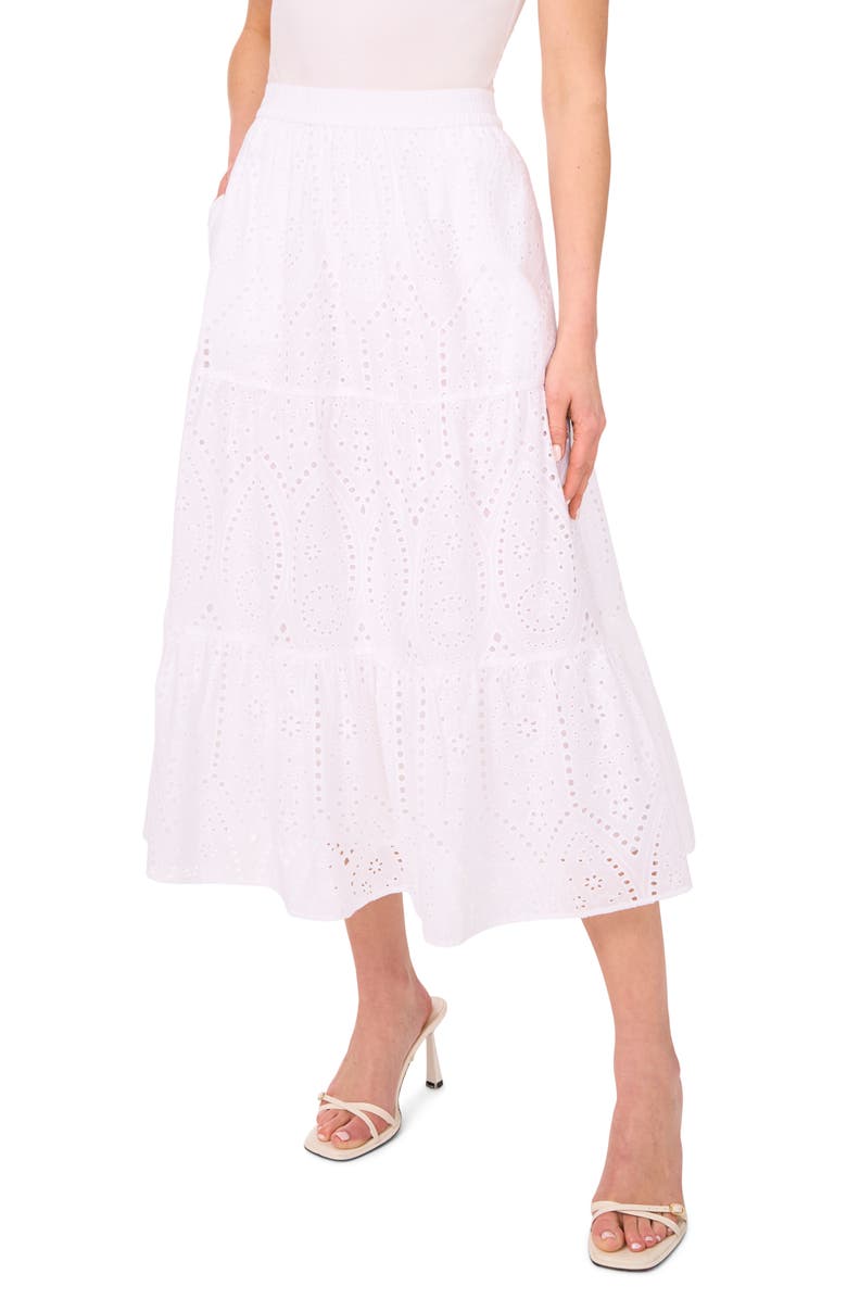 CeCe Eyelet Embroidered Cotton Midi Skirt, Main, color, Ultra White