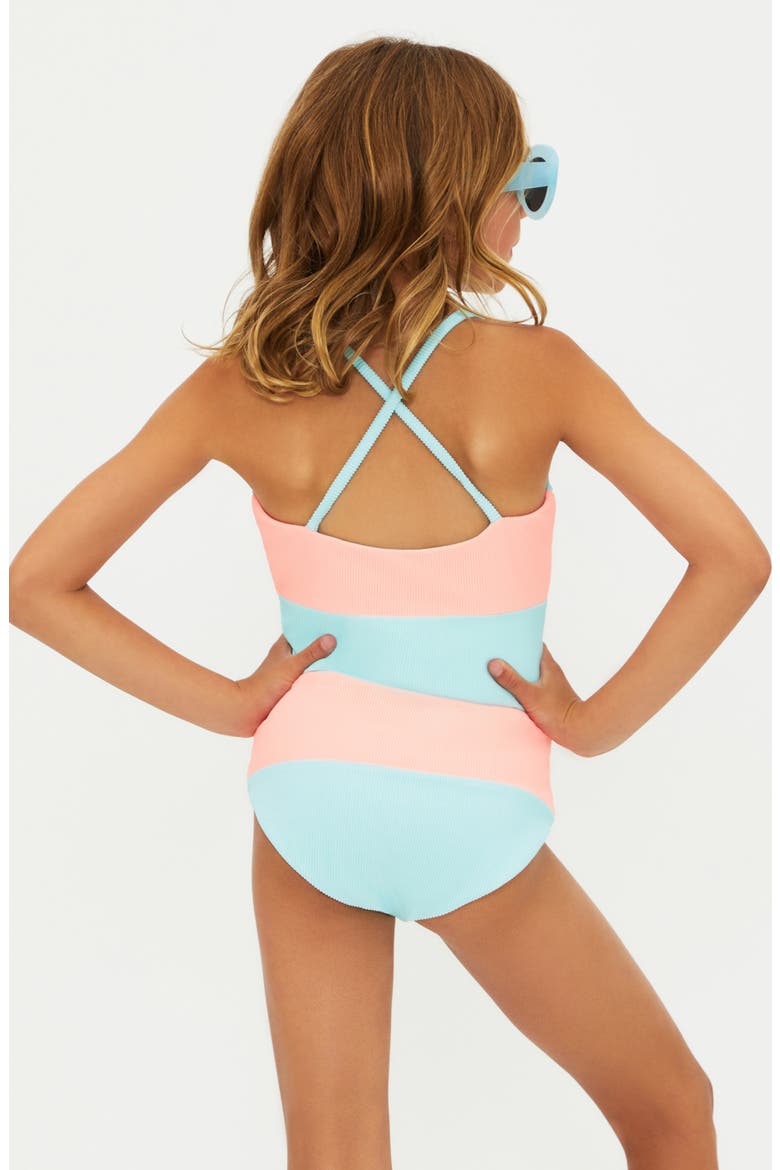 Kids' Little Calista Stripe One-Piece Swimsuit, Alternate, color, GUAVA JELLY COLORBLOCK