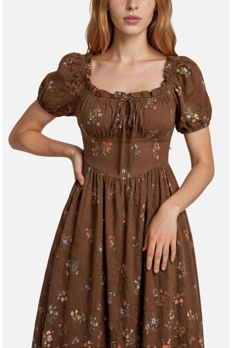 Floral Puff Sleeve Midi Dress, Alternate, color, BROWN MULTI