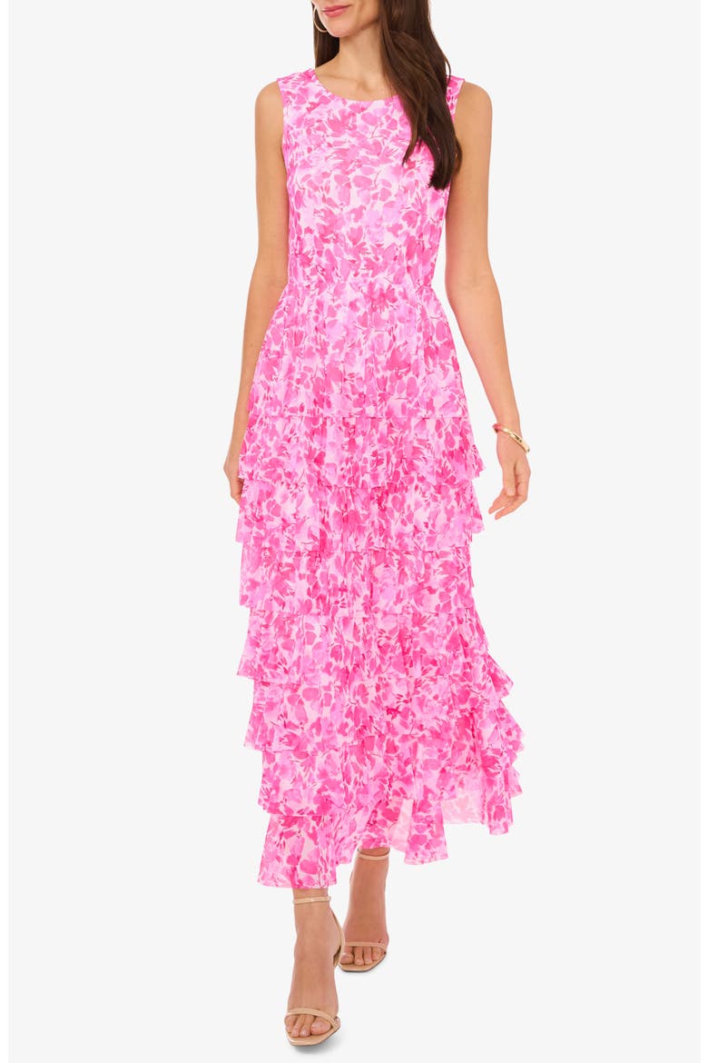 vince camuto hot pink dress Print Tiered Ruffle Sleeveless Maxi (Women) mable