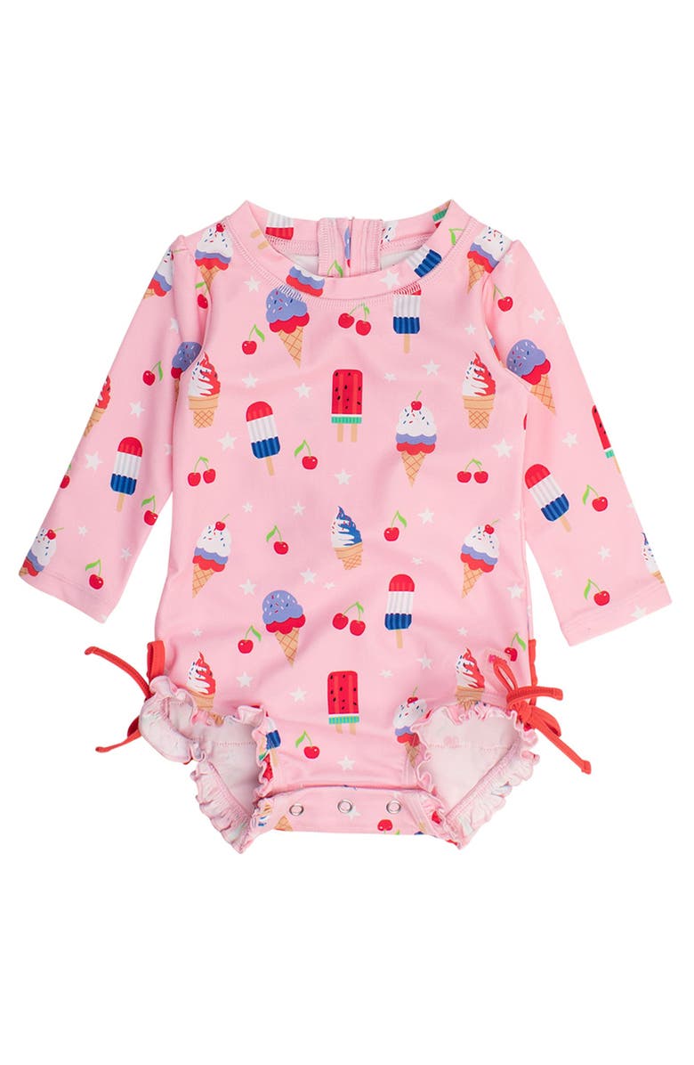 RuffleButts Baby Girls UPF50+ Sun Protected Americana Long Sleeve One Piece Rash Guard, Main, color, 