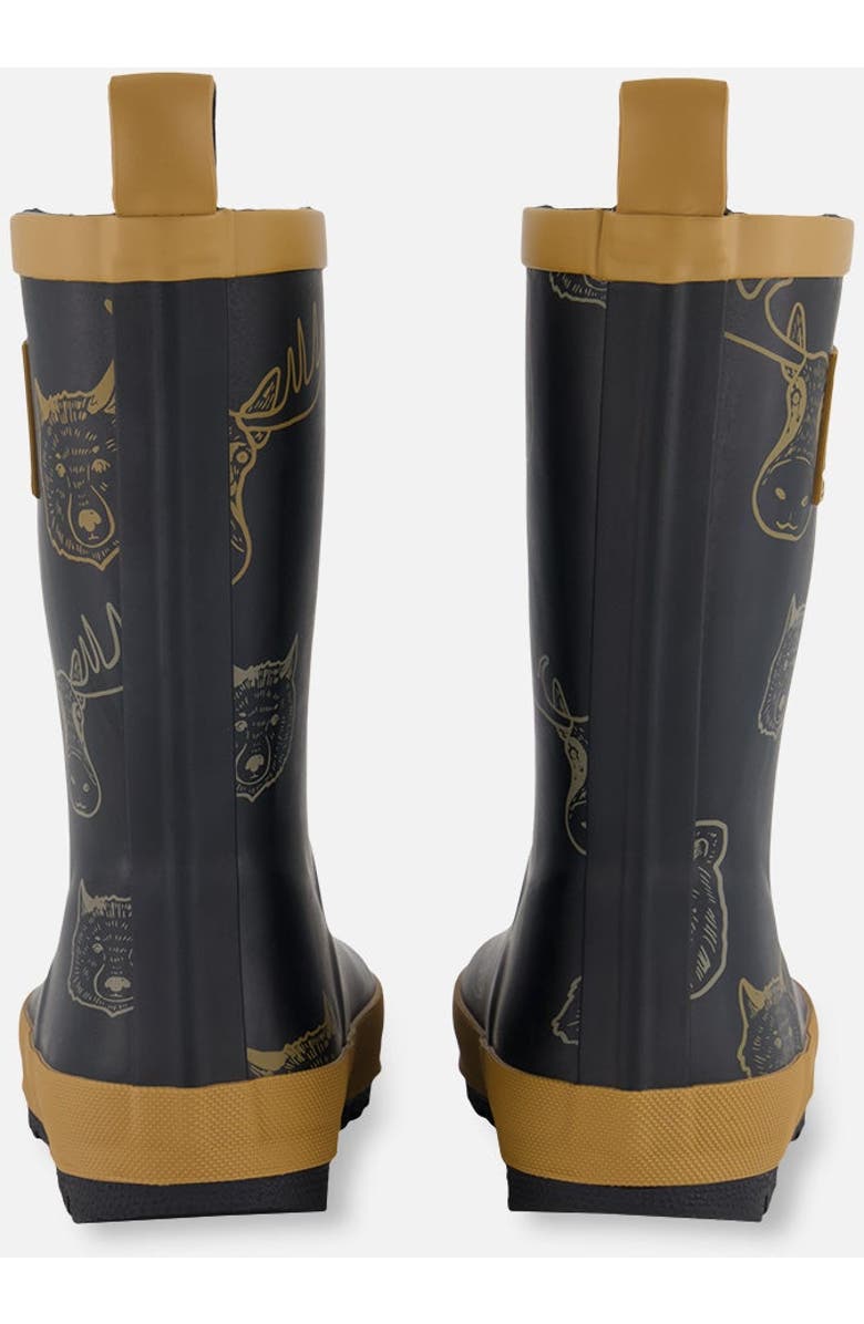 Deux par Deux Boy's Printed Rain Boots Beige Animals On Black Background, Alternate, color,