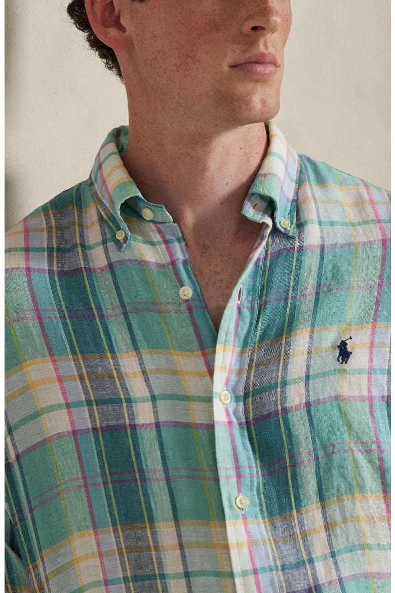 Classic Fit Plaid Linen Button-Down Shirt, Alternate, color, GREEN BLUE WHITE