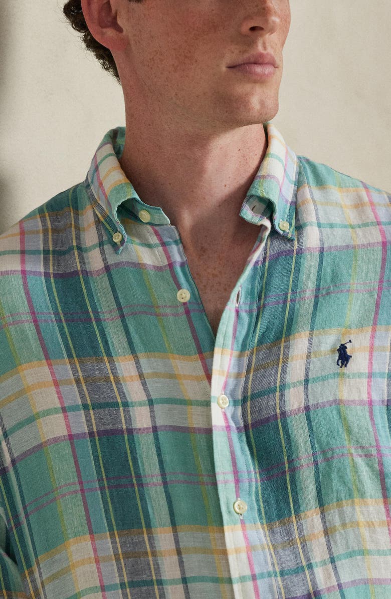 Polo Ralph Lauren Classic Fit Plaid Linen Button-Down Shirt, Alternate, color, Green Blue White