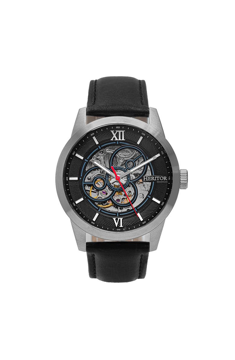 Heritor Automatic Jonas Leather-Band Skeleton Watch, Main, color, Silver/Black