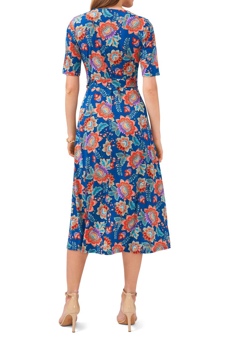 Chaus V-Neck Tie Waist Midi Dress, Alternate, color, Teal/Red/Multi