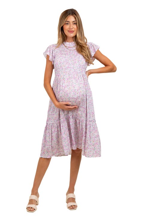 Floral Mock Neck Smocked Ruffe Sleeve Midi Dress