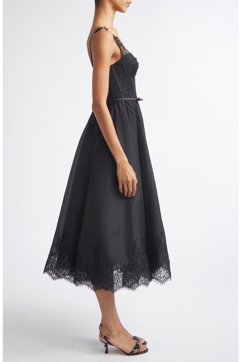 Valiant Lace Trim Corset Midi Dress, Alternate, color, BLACK