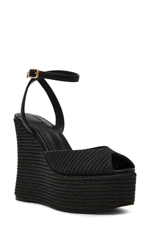 Steve Madden Wanona Ankle Strap Peep Toe Platform Wedge Sandal In Black Raffia