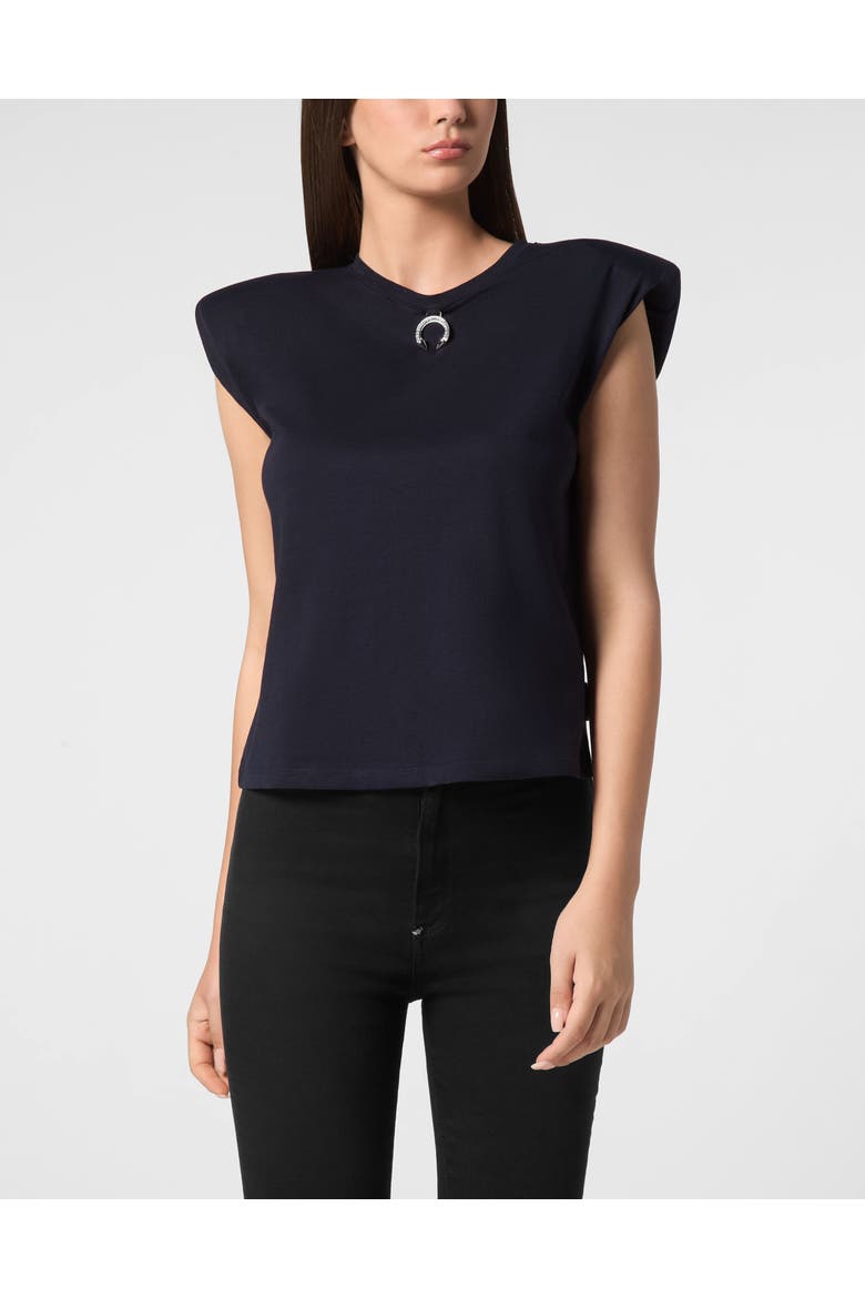 Tank Top Round Neck Piercing With Padded Shoulder Women, Main, color, navy