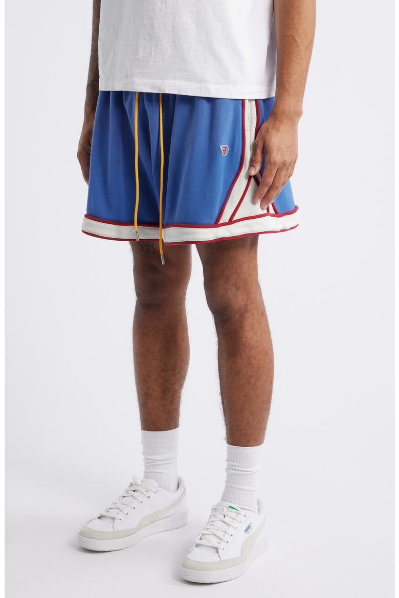 Warm Up Tie Waist Shorts, Alternate, color, BLUE/ CREAM