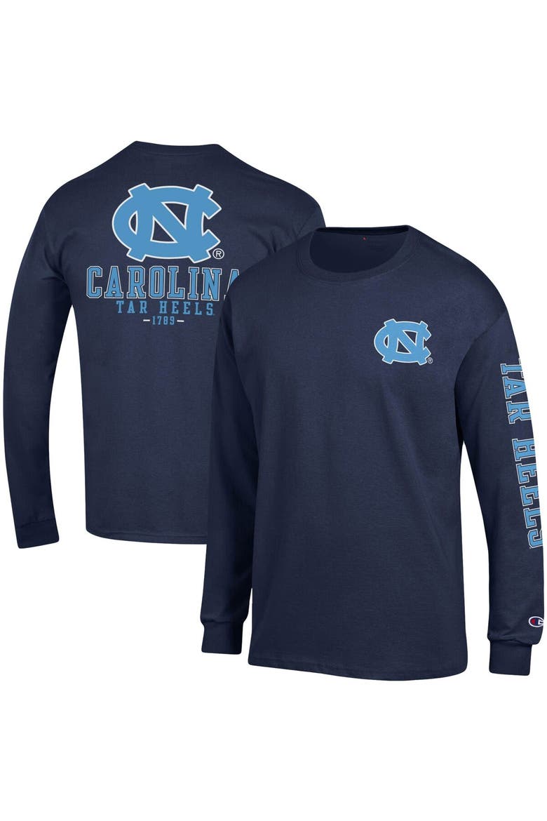 Men's Champion Navy North Carolina Tar Heels Team Stack Long Sleeve T-Shirt, Main, color, Navy
