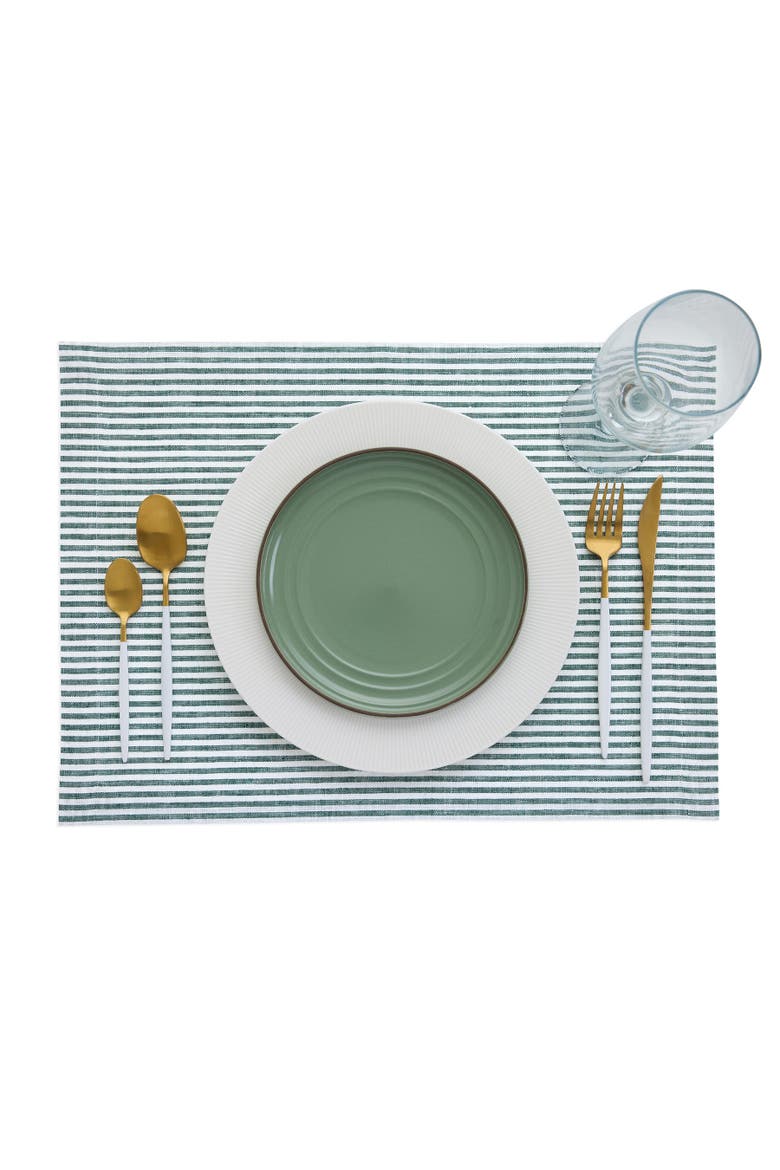Linen Placemats Set of 4, 14 x 19" - Narrow Stripe, Alternate, color, Rainforest and White