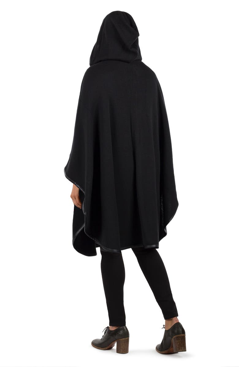 Patricia Nash Hooded Faux Leather Trim Cable Knit Cape, Alternate, color, Black