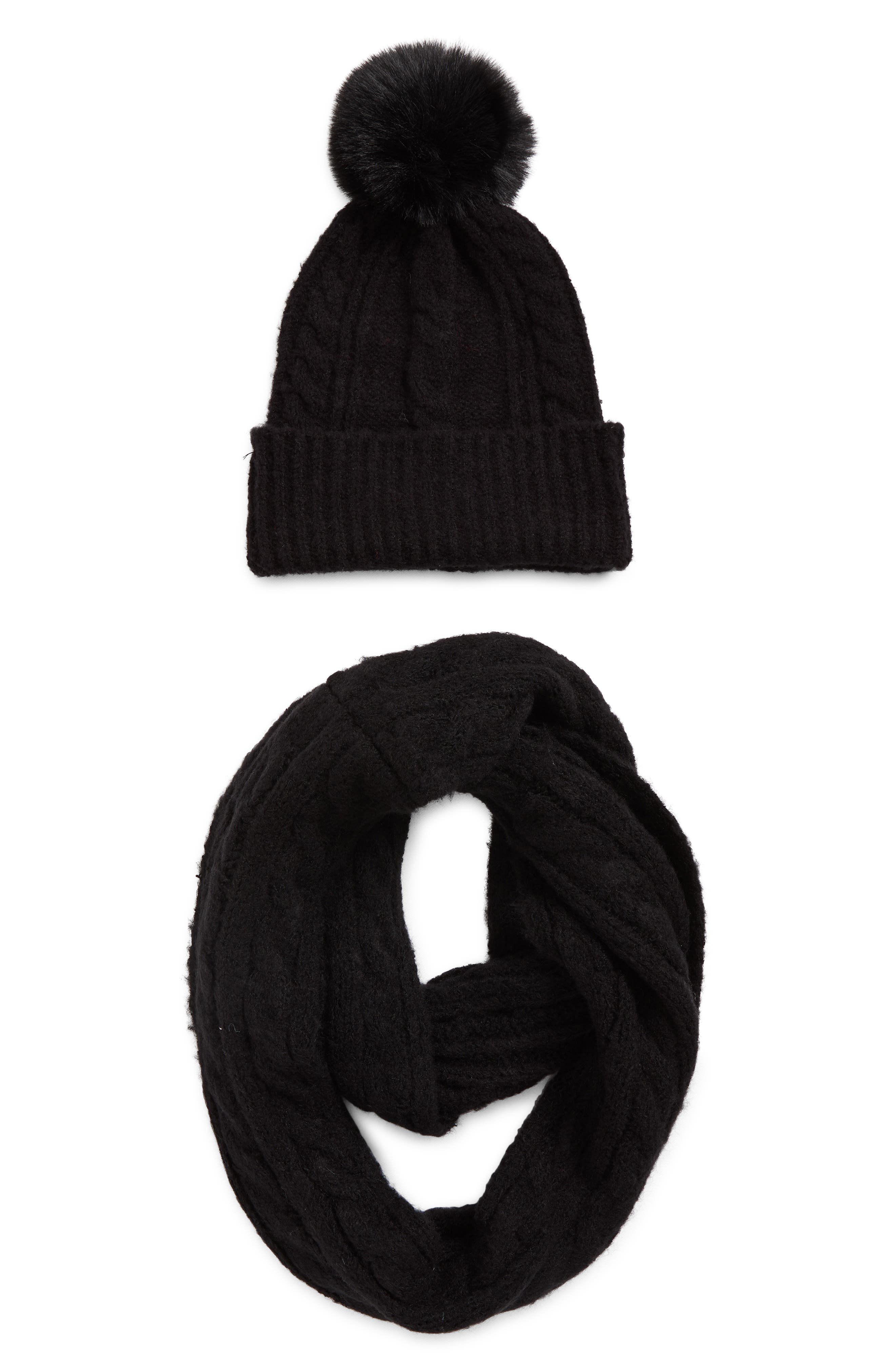 Vince Camuto Cable Stitch Scarf & Faux Fur Pompom Beanie Set
