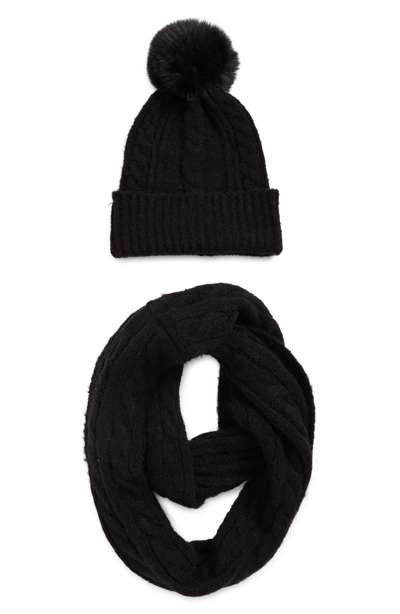 Vince Camuto Cable Stitch Scarf & Faux Fur Pompom Beanie Set, Main, color, Black