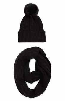 Vince Camuto Cable Stitch Scarf & Faux Fur Pompom Beanie Set