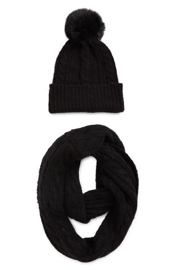 Vince Camuto Cable Stitch Scarf & Faux Fur Pompom Beanie Set In Black